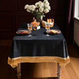 Elegant Dining Tablecloth (Charcoal Black with Gold Fringe)
