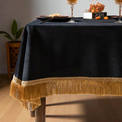 Elegant Dining Tablecloth (Charcoal Black with Gold Fringe)