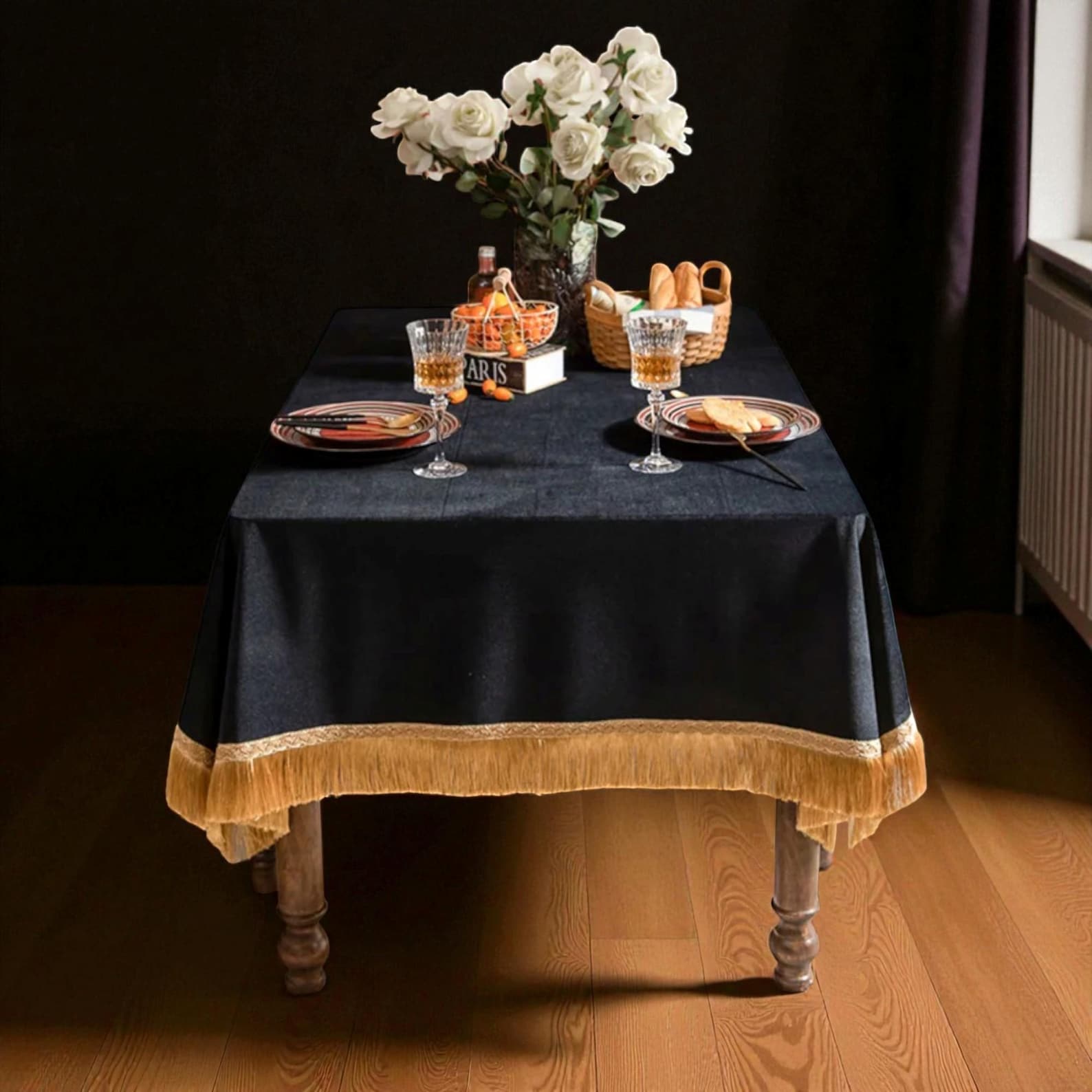 Elegant Dining Tablecloth (Charcoal Black with Gold Fringe)