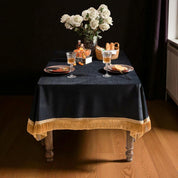 Elegant Dining Tablecloth (Charcoal Black with Gold Fringe)