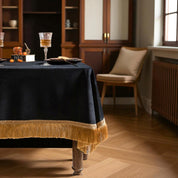 Elegant Dining Tablecloth (Charcoal Black with Gold Fringe)